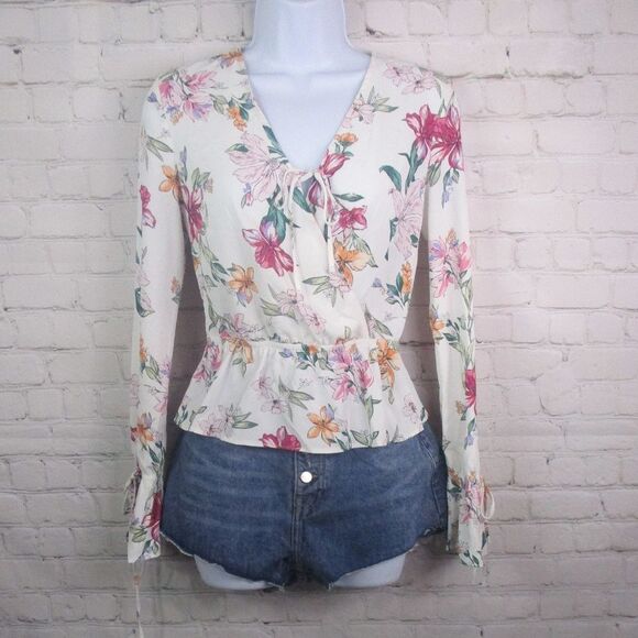 NWT Bershka Size XS Floral Tie Front Cinch Waist Blouse - Picture 1 of 3